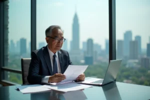 Homme d'affaires asiatique examine des documents financiers