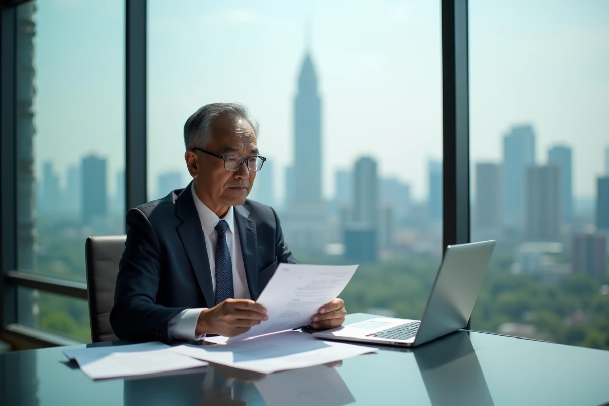 Homme d'affaires asiatique examine des documents financiers