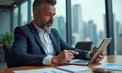 Homme d affaires en réunion avec tablette dans un bureau moderne