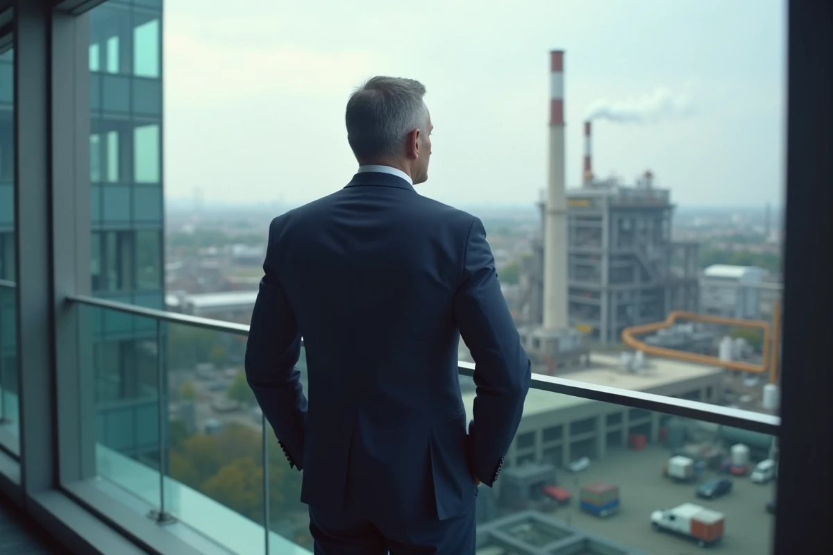 Homme d'affaires regardant la ville depuis une terrasse moderne