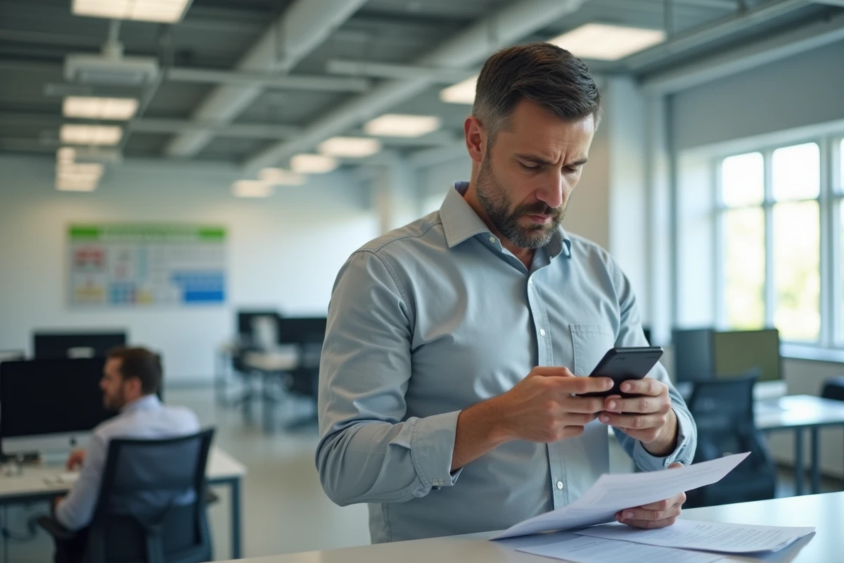 Homme consultant son téléphone dans une agence pour l'emploi pour vérifier son temps de travail manquant