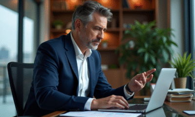 Homme d'âge moyen analysant des graphiques boursiers dans un bureau élégant