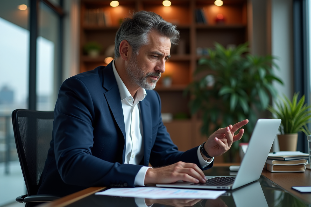 Homme d'âge moyen analysant des graphiques boursiers dans un bureau élégant