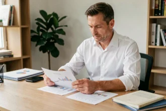 Un homme de 40 ans analyse des documents financiers liés à un investissement SCPI à son bureau à domicile