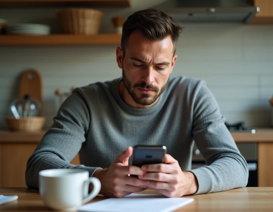 Homme utilisant une application bancaire sécurisée sur smartphone depuis son domicile