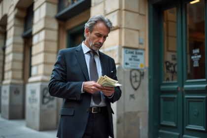 Homme d'âge moyen devant une banque en ruines avec factures