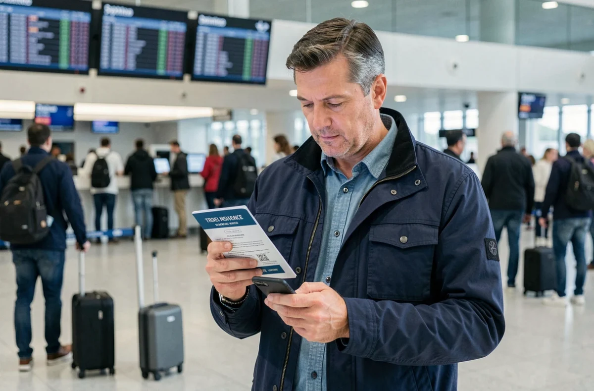 Homme tenant son passeport et vérifiant son assurance voyage sur smartphone dans un aéroport international