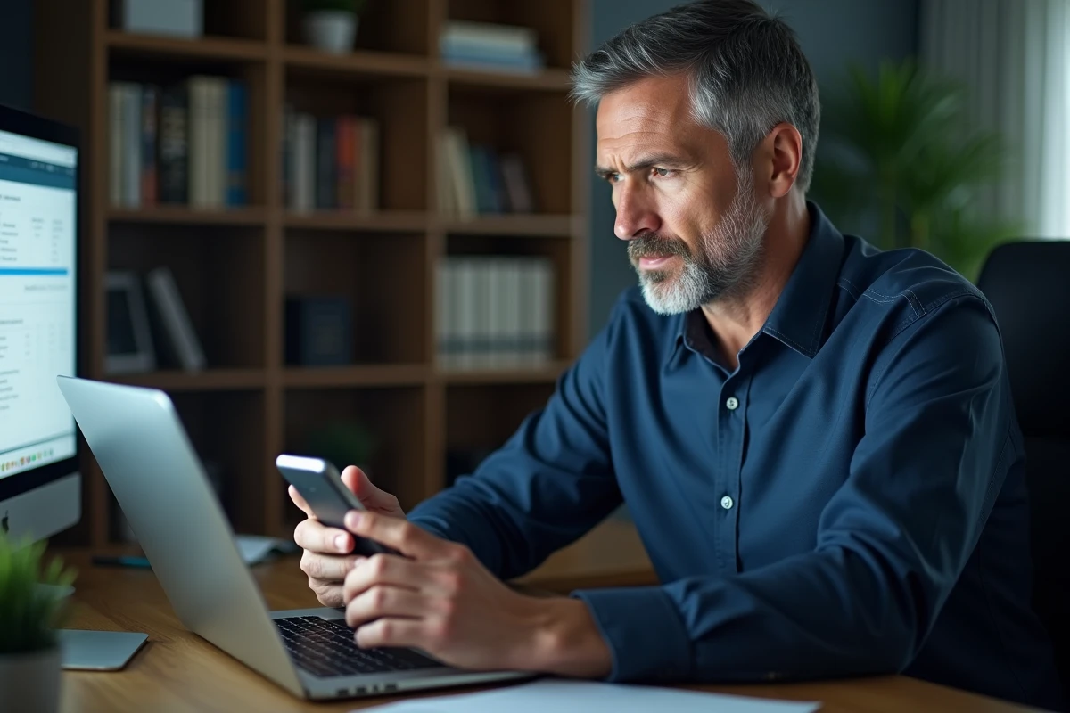 Homme consultant son espace bancaire en ligne sur un ordinateur portable pour bloquer un prélèvement frauduleux REMISEREDUC