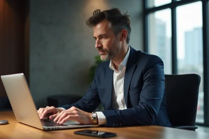 Homme d'âge moyen utilisant son ordinateur pour la banque en ligne