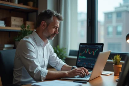 Homme d'âge moyen regardant un graphique boursier en baisse