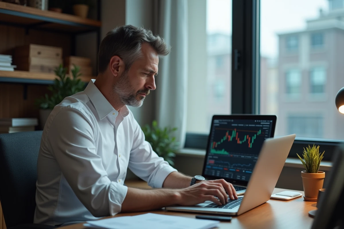Homme d'âge moyen regardant un graphique boursier en baisse