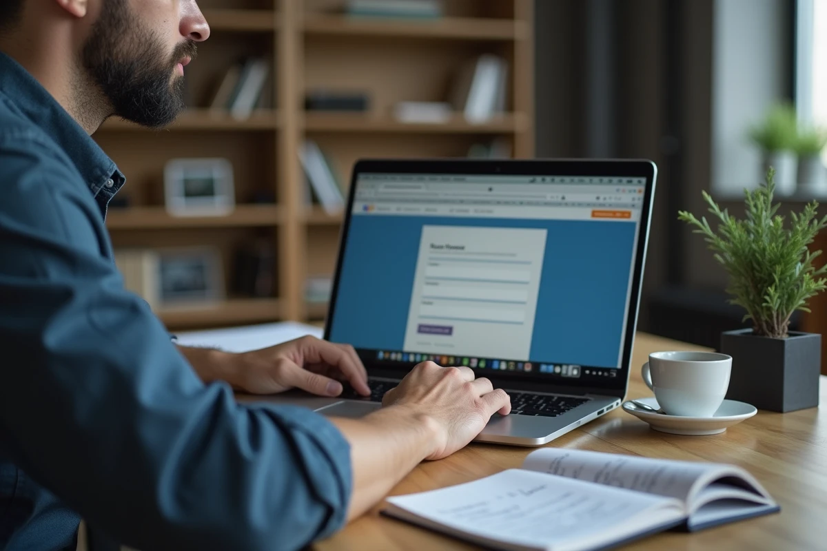 Homme consultant le service client Cetelem en ligne depuis son bureau à domicile
