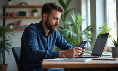 Homme daffaires au bureau avec smartphone crypto