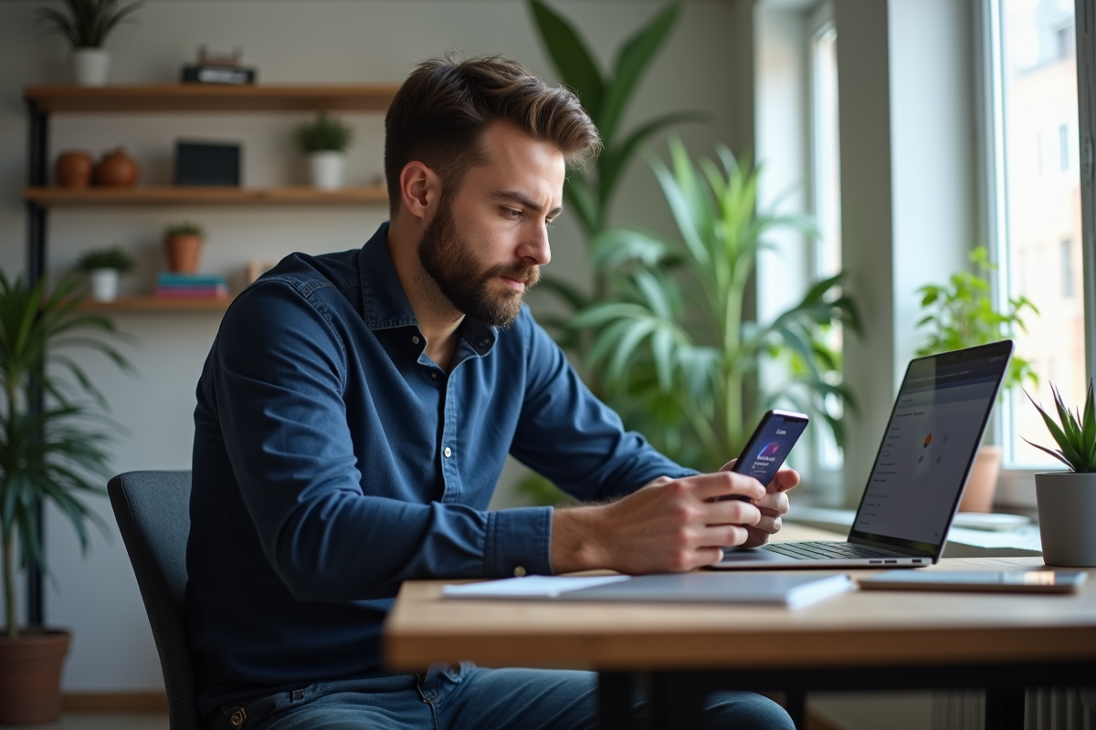 Homme daffaires au bureau avec smartphone crypto