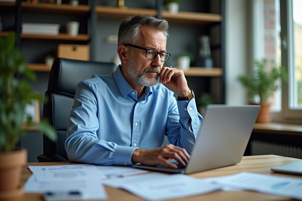 Homme concentré travaillant sur un ordinateur dans un bureau professionnel