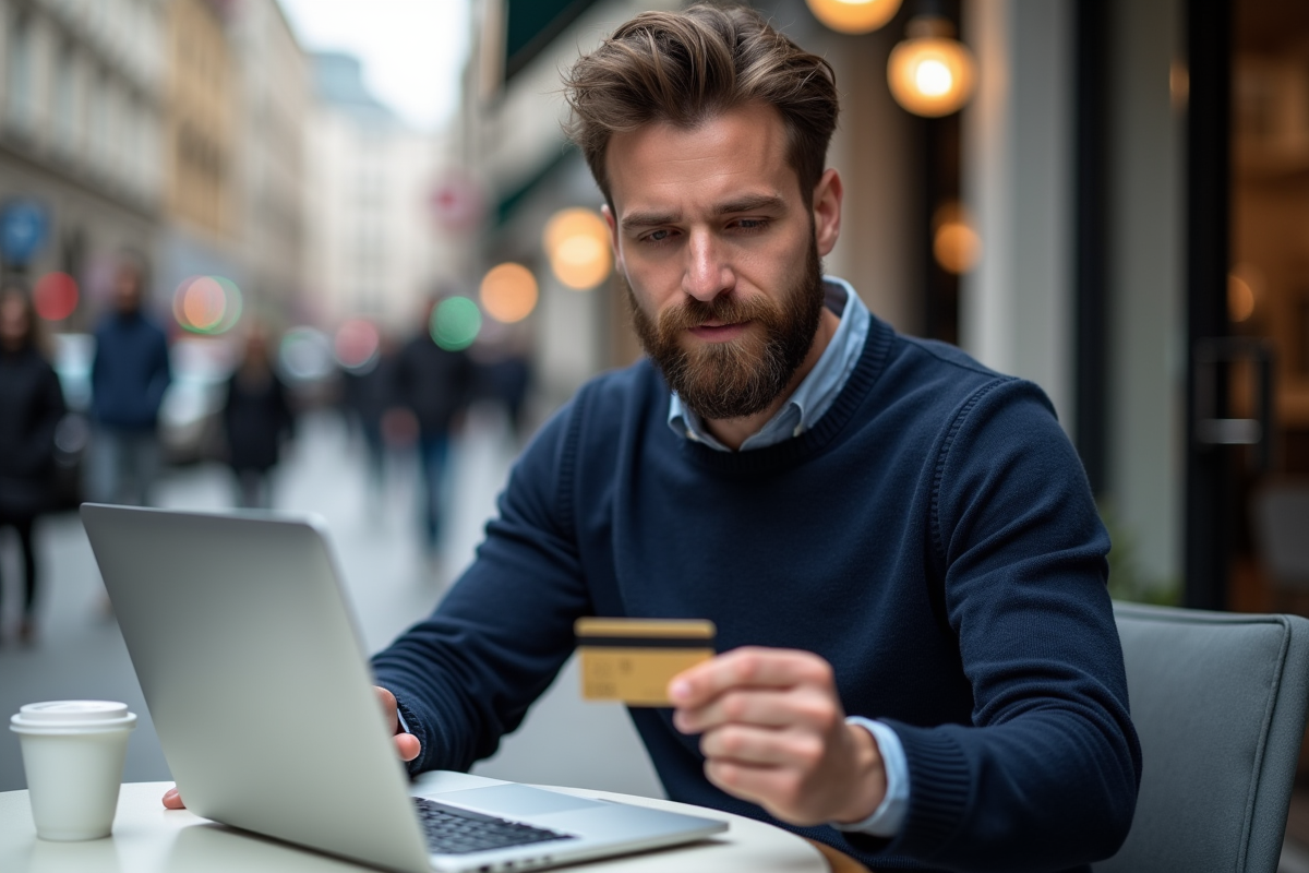 Homme barbu utilisant son ordinateur dans un café urbain