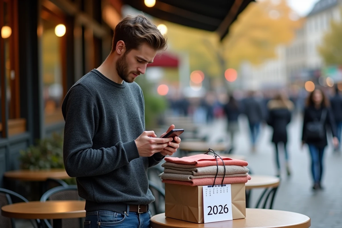 Jeune homme français vérifiant son smartphone au café