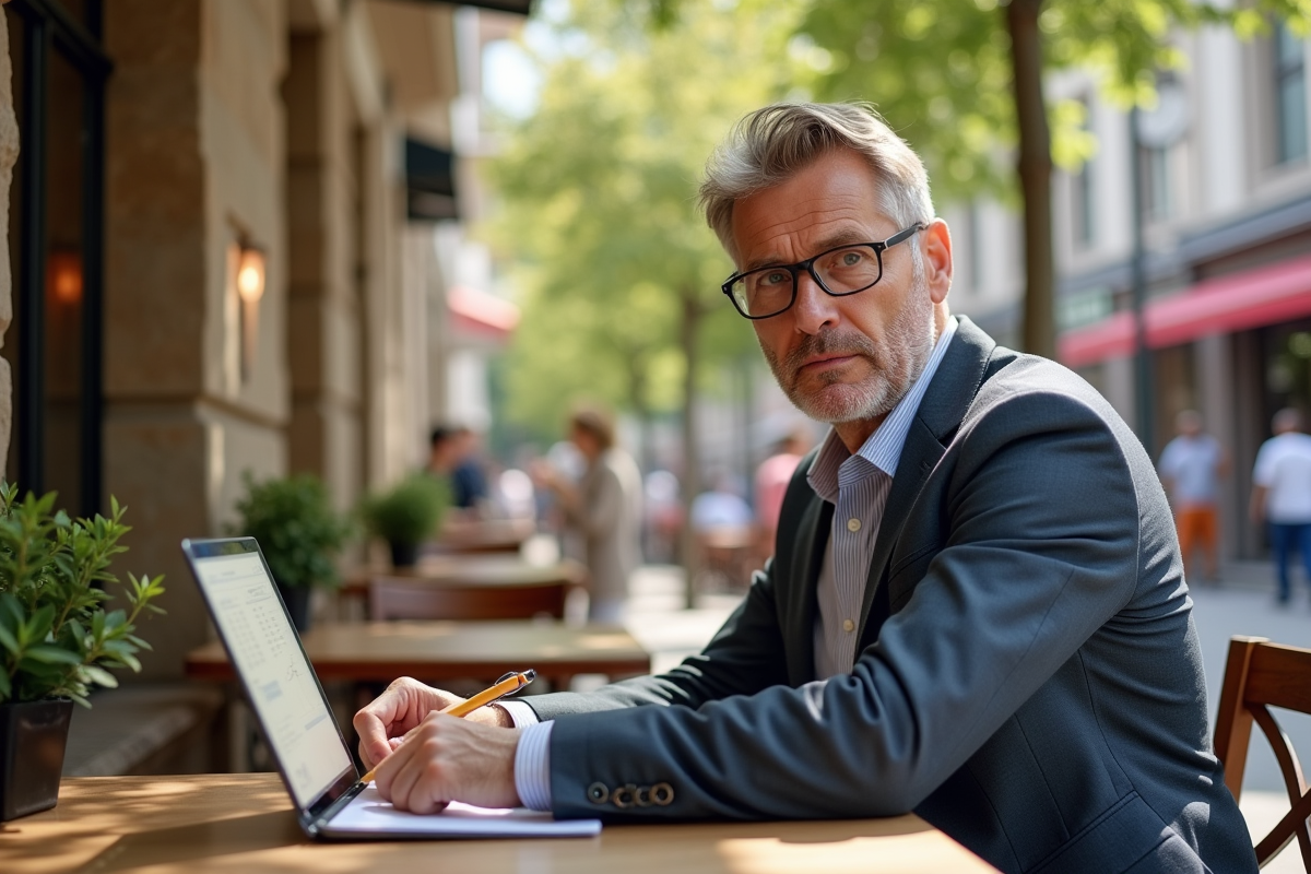 Homme d affaires pensif travaillant en terrasse de café