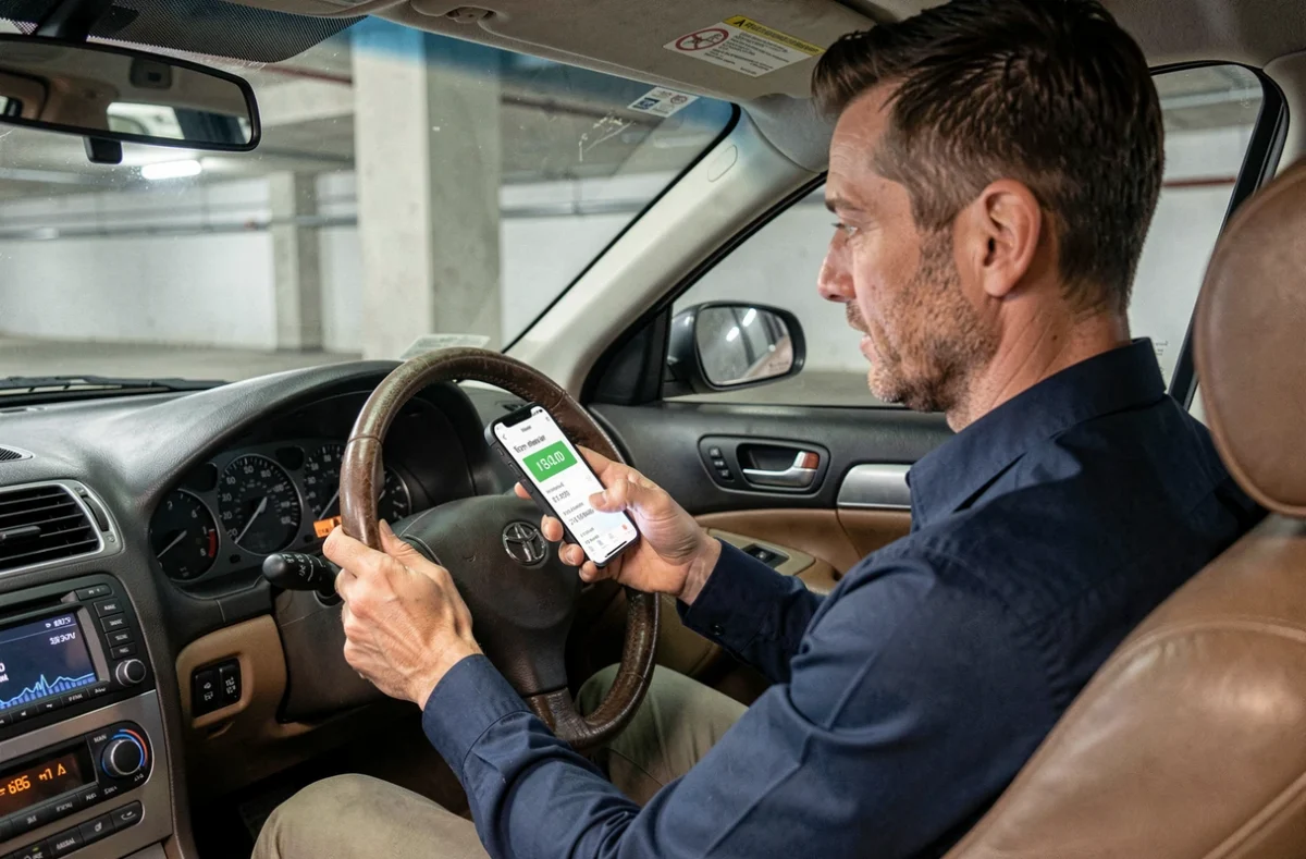 Homme consultant une application de calcul kilométrique fiscal sur smartphone dans sa voiture