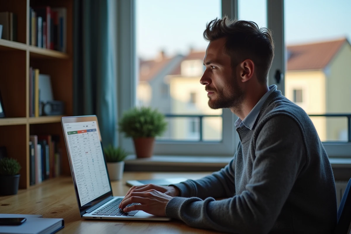 Homme suisse à son bureau à domicile consultant un calculateur de salaire net sur ordinateur portable
