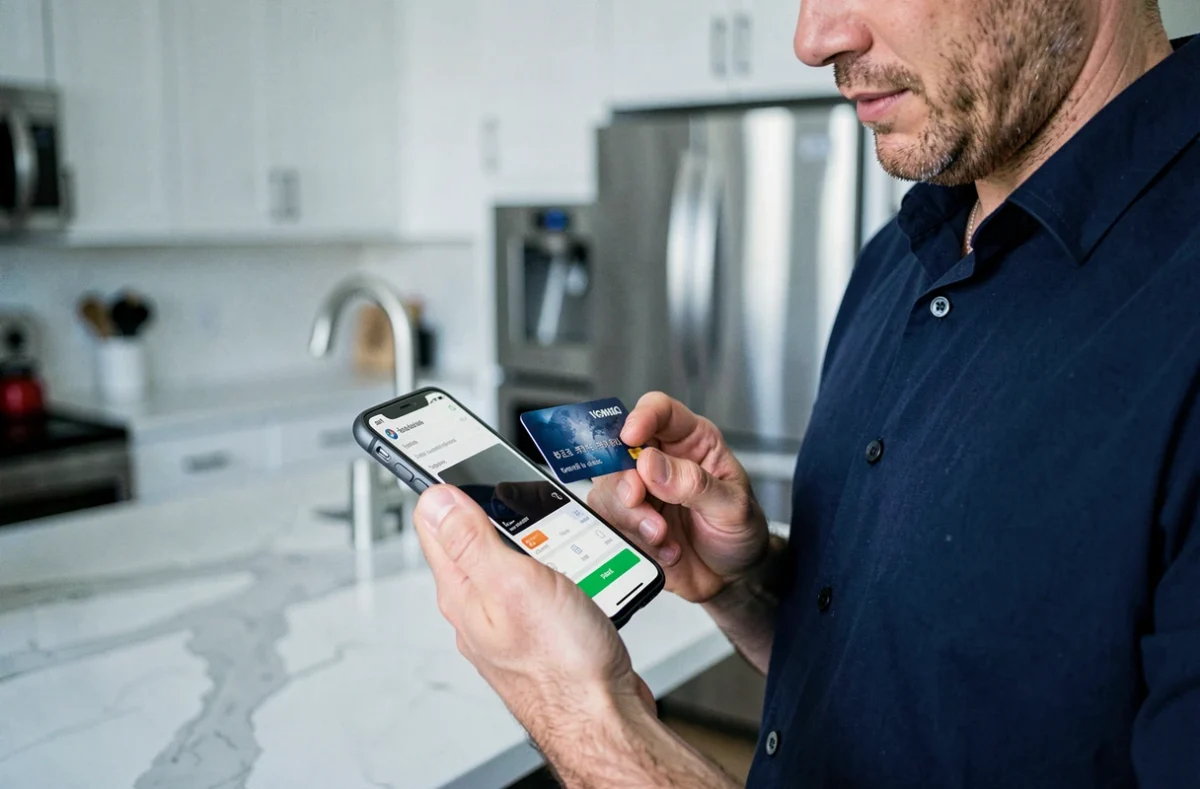 Homme gérant sa carte bancaire et ses virements depuis l'application mobile de son espace bancaire CACMDS