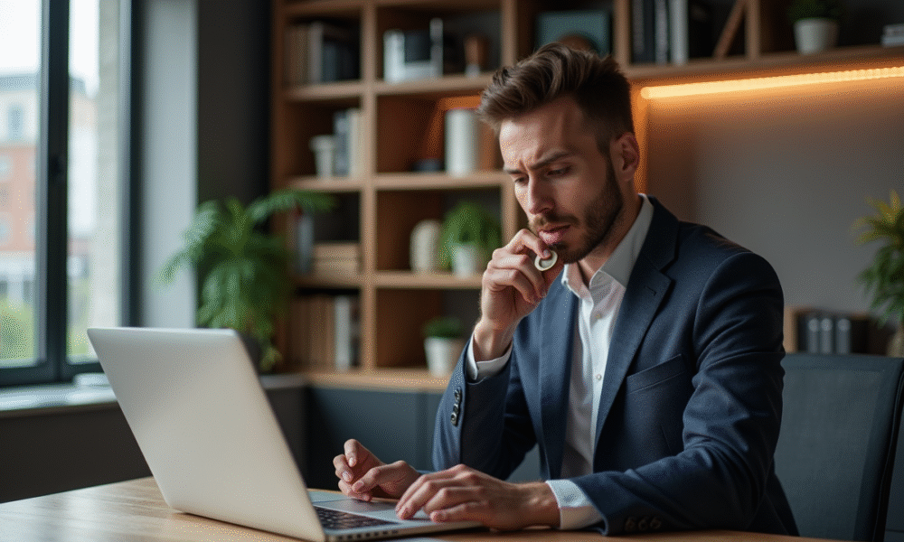 Homme concentré tenant une pièce digitale dans un bureau moderne