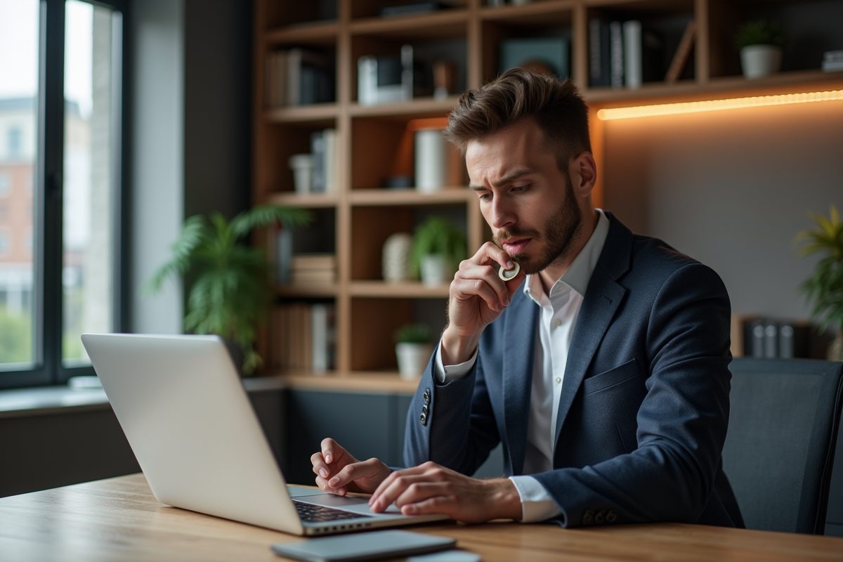 Homme concentré tenant une pièce digitale dans un bureau moderne