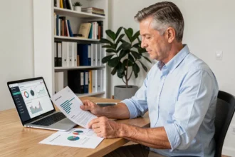 Homme consultant des documents financiers sur une SCPI à son bureau à domicile avec un ordinateur portable affichant une plateforme d'investissement