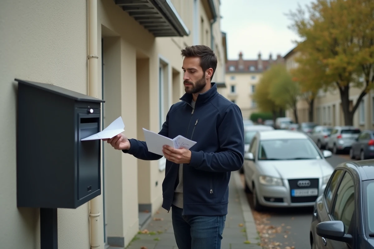 Homme vérifiant son courrier devant une boîte aux lettres en attente d'un avis de paiement CAF