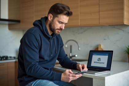 Homme regardant son smartphone avec souci en cuisine moderne