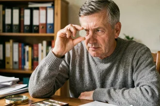 Un homme d'une cinquantaine d'années examine attentivement une pièce de 2 euros commémorative JO 2026 dans son bureau à domicile