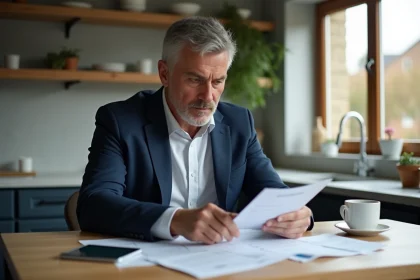 Homme d'âge moyen en costume bleu examine documents financiers