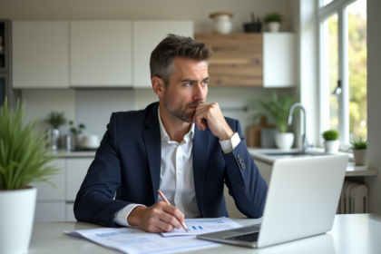 Homme en costume bleu examine documents financiers