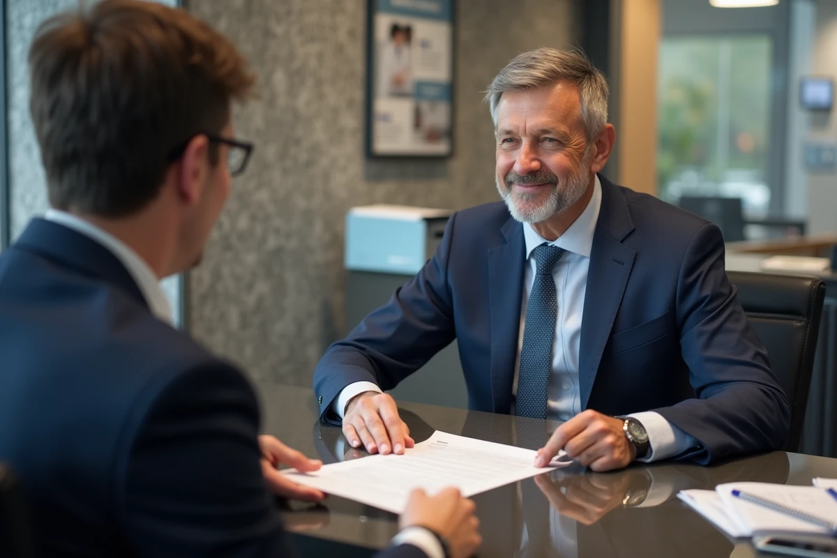 Homme en costume remettant un formulaire à un conseiller bancaire