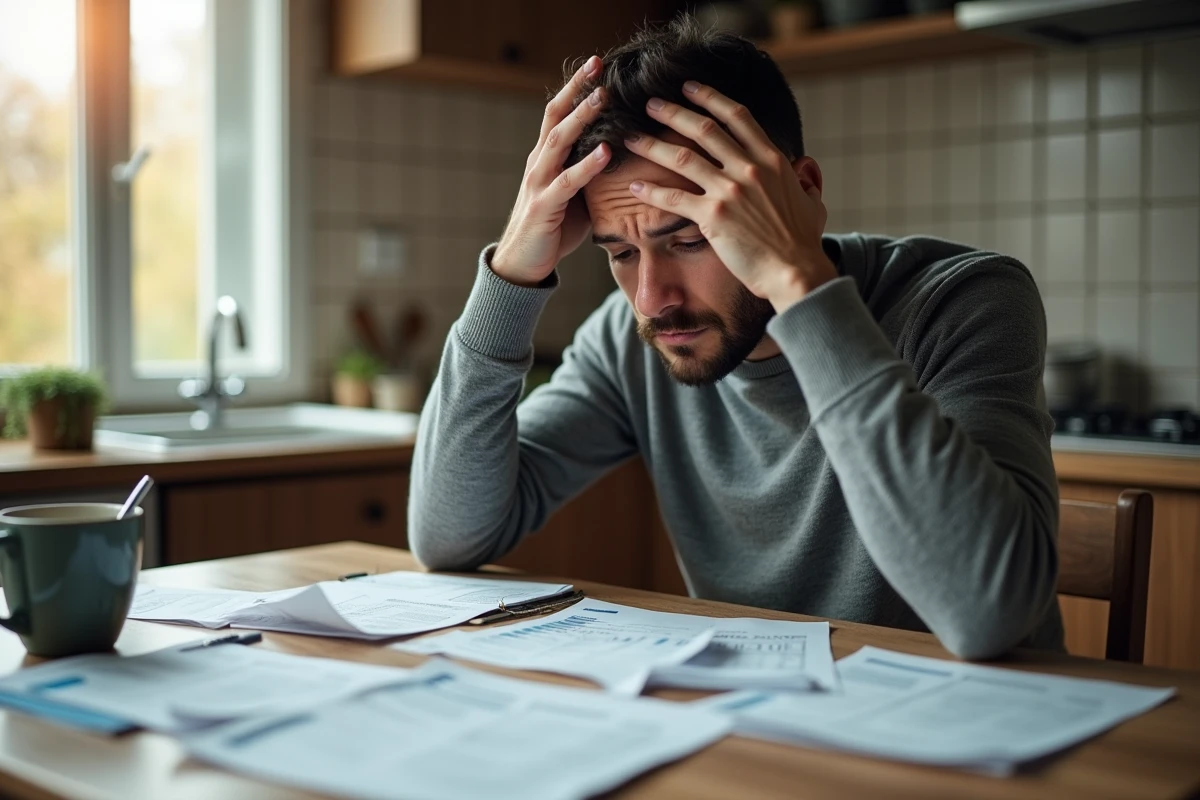 Homme inquiet examinant des documents financiers à sa table de cuisine, illustrant le risque de surendettement lié à un prêt trésorerie sans justificatif