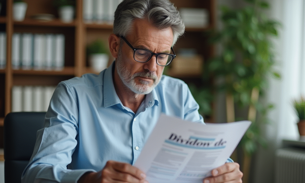 Homme d'affaires étudiant un rapport de dividendes dans un bureau