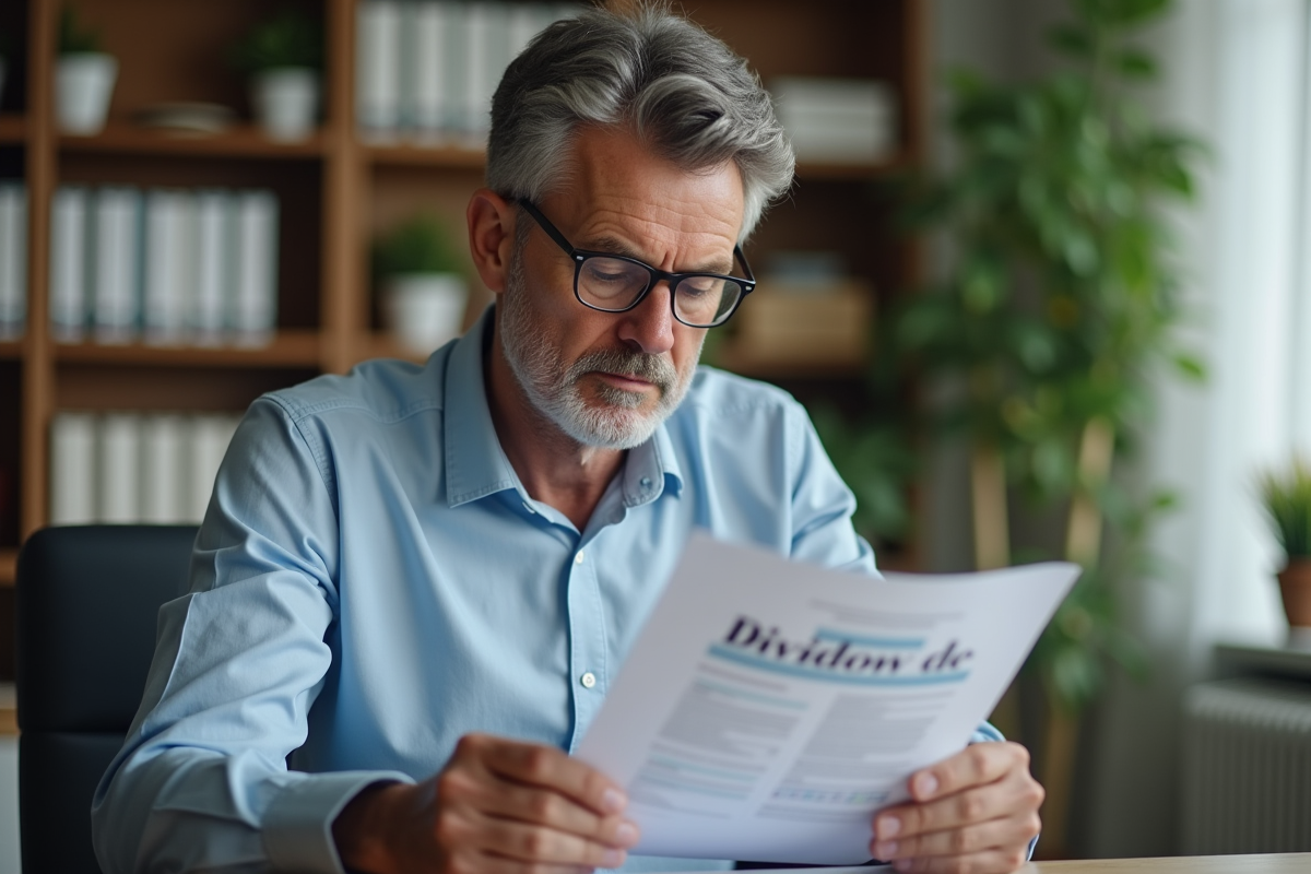 Homme d'affaires étudiant un rapport de dividendes dans un bureau