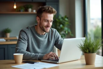 Homme concentré sur son ordinateur dans une cuisine moderne