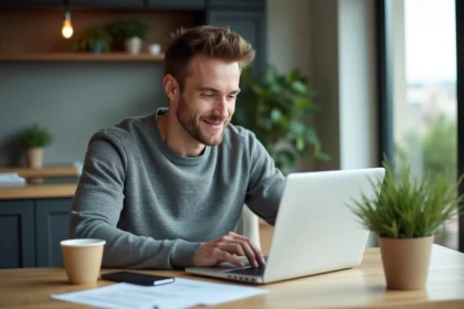 Homme concentré sur son ordinateur dans une cuisine moderne
