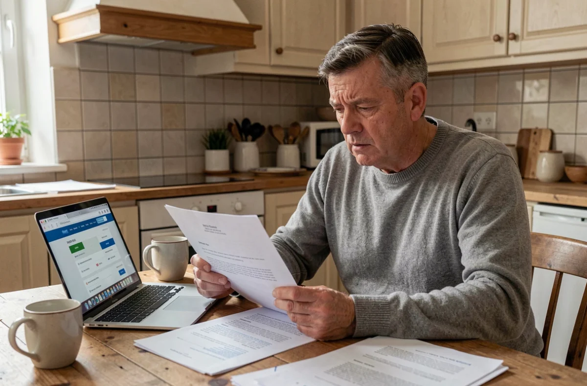 Un homme examine une lettre de refus de sa banque concernant la clôture de son Livret A à son domicile