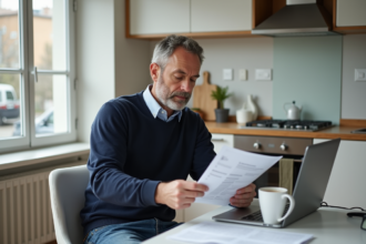 Homme d'âge moyen lisant des documents dans une cuisine moderne