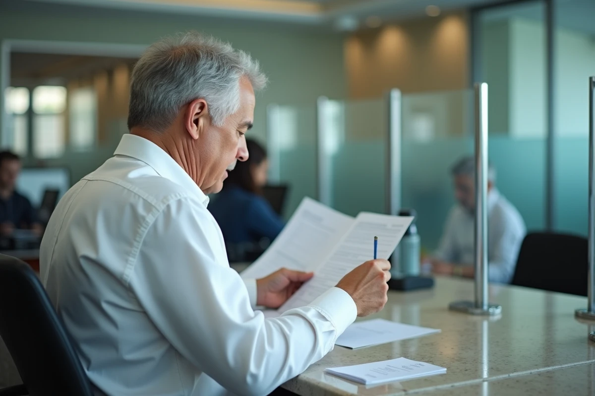 Homme vérifiant des papiers dans un bureau administratif