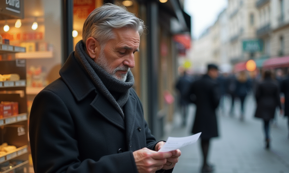 Homme français regardant un ticket de caisse dans la rue parisienne