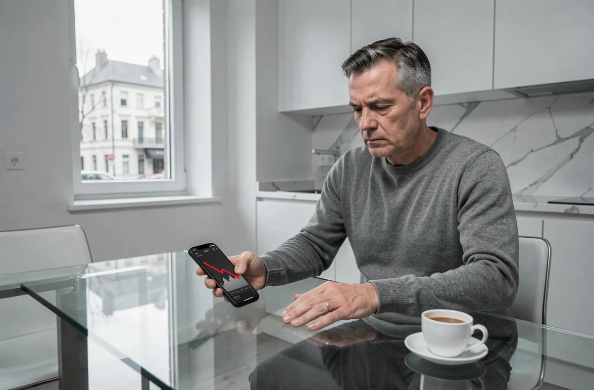 Homme seul regardant son portefeuille en perte sur smartphone, illustrant le biais émotionnel et les erreurs psychologiques des traders en turbos