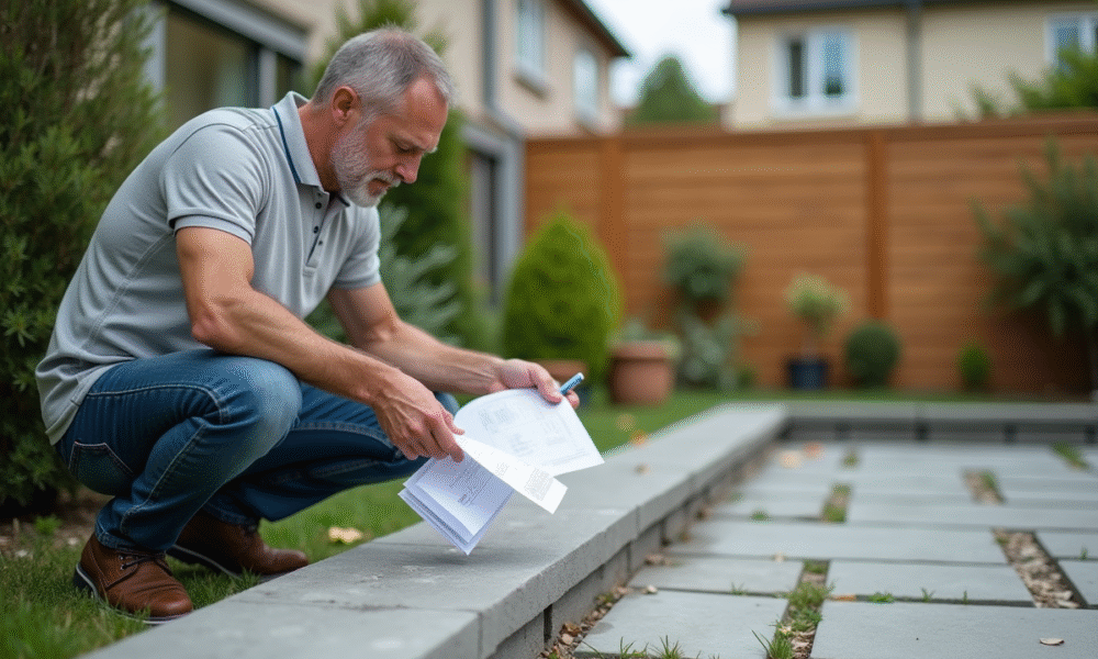 Homme d'âge moyen examine des documents de rénovation dans un jardin