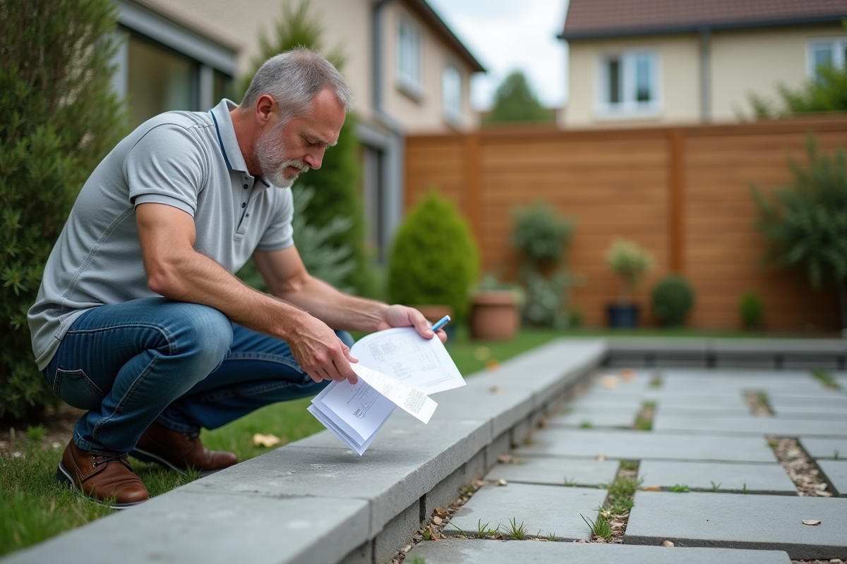 Homme d'âge moyen examine des documents de rénovation dans un jardin