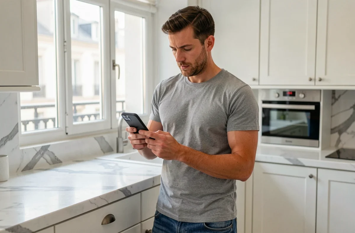 Homme consultant une réponse email Cetelem sur son smartphone dans une cuisine moderne