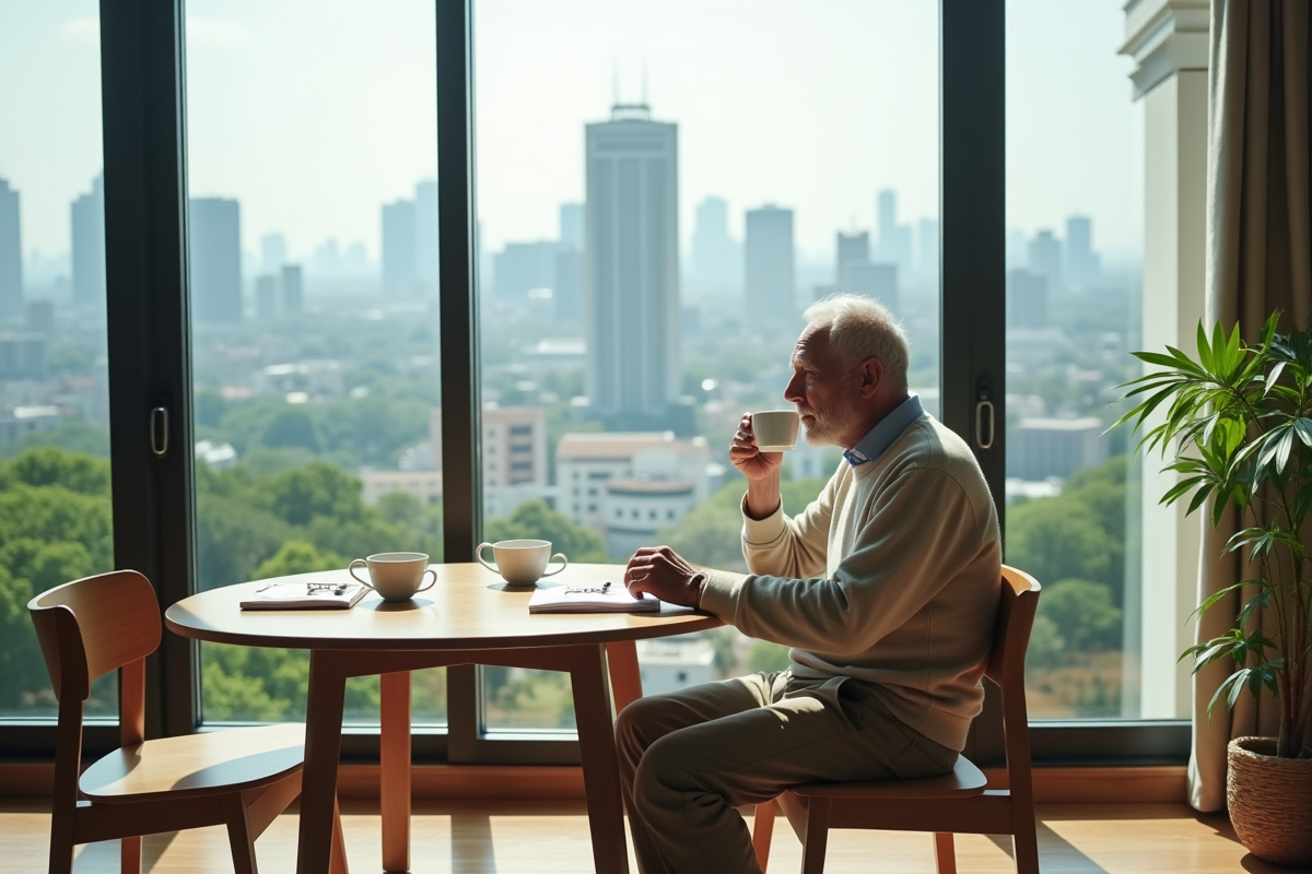 Homme retraité sirotant café dans appartement lumineux