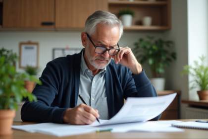 Homme d'âge moyen examinant des documents de retraite dans la cuisine