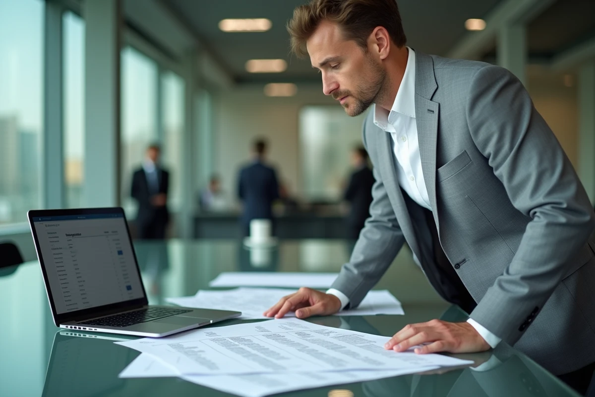 Homme en réunion d'entreprise consultant des tableaux de décomposition salaire brut net sur une table de conférence